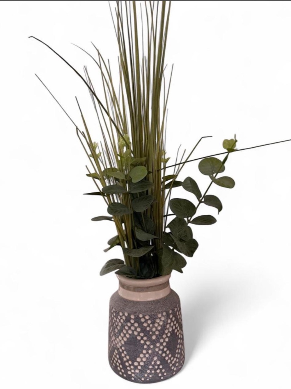 Decorative Gray Patterned Ceramic Vase with Green Faux Greens